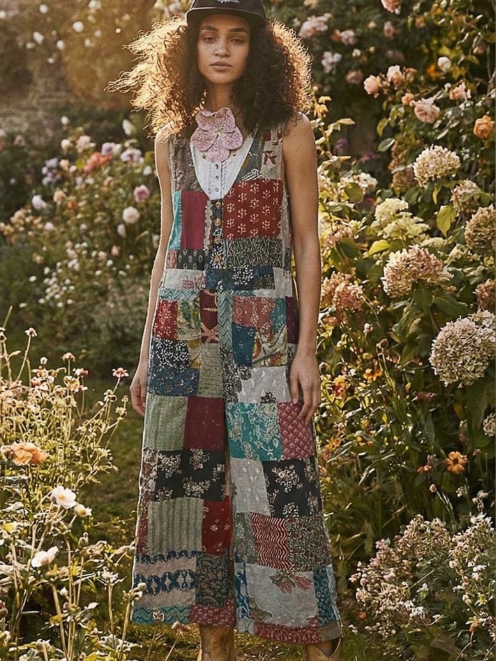 New: POL Boho Mixed Patchwork Lightweight Cropped Wide Leg Jumpsuit• Medium - Picture 3 of 9